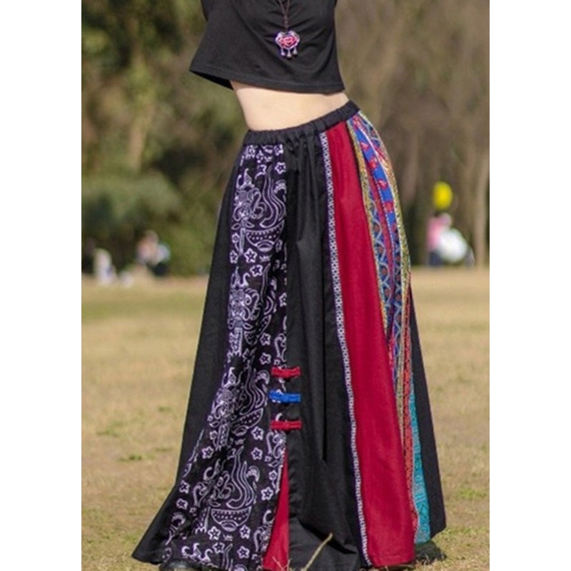 Modern Black Patchwork Elastic Waist Button Maxi Skirt