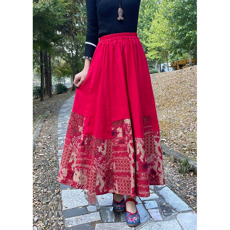 Modern Red Print Elastic Waist Maxi Skirts Fall