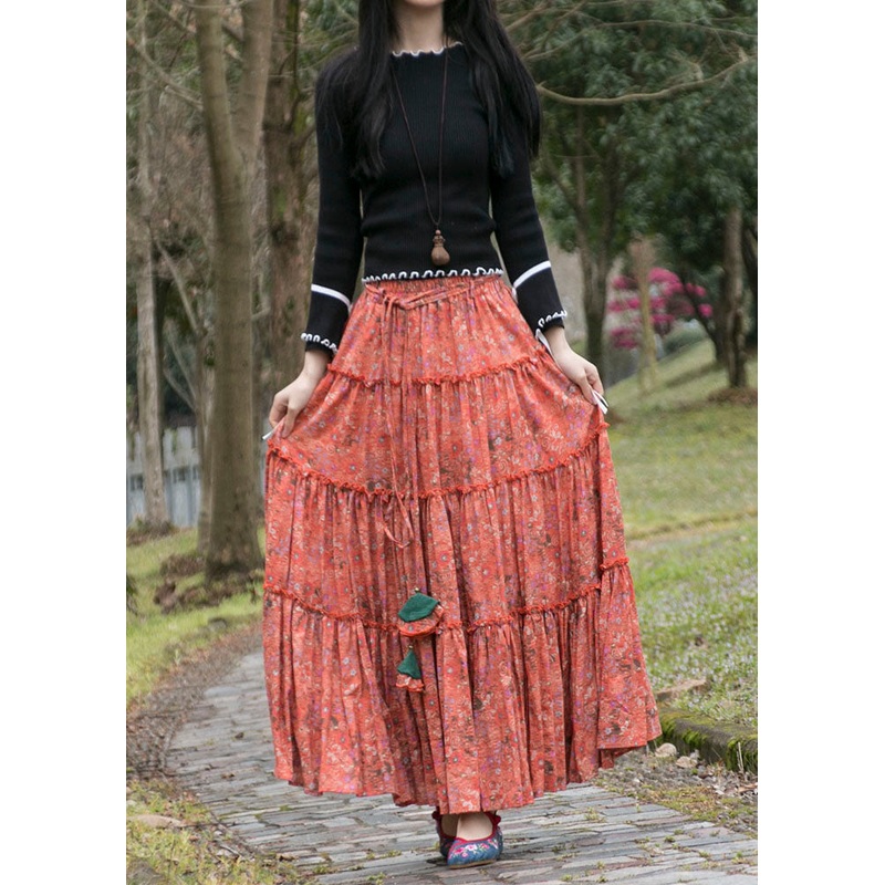 Natural Orange Wrinkled Print Lace Up Patchwork Cotton Skirts Summer