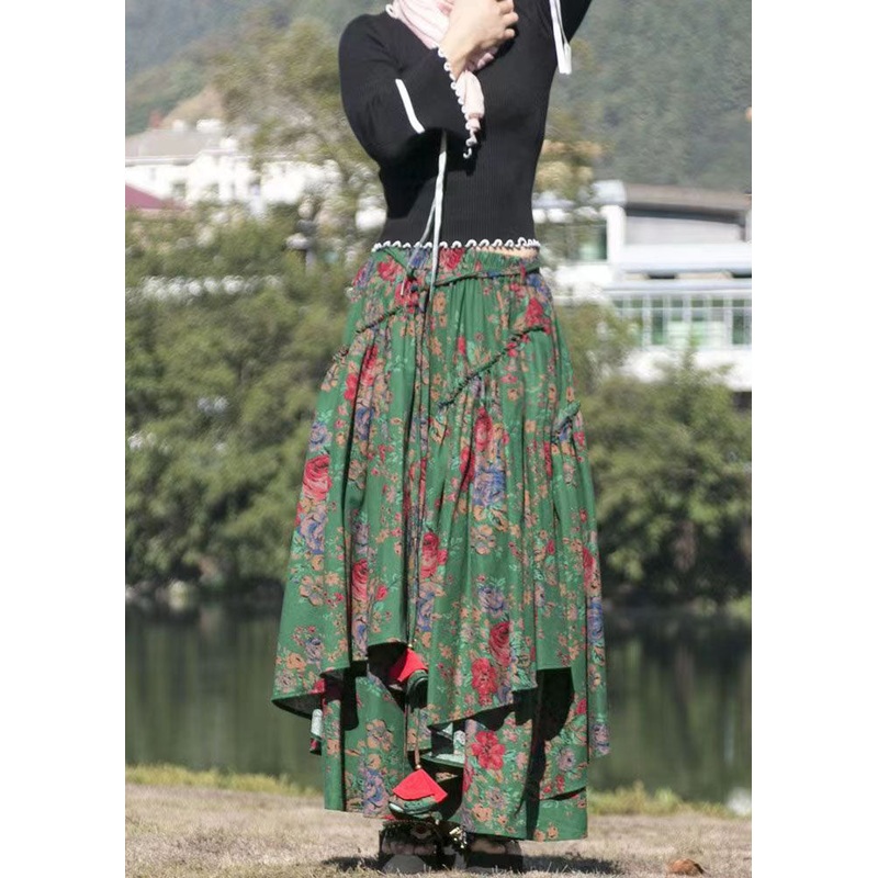 Organic Green Print Cinched Asymmetrical Patchwork Cotton Skirts Fall