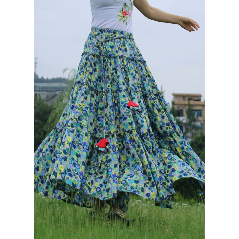 Organic Green Wrinkled Print High Waist Patchwork Cotton Skirt Summer