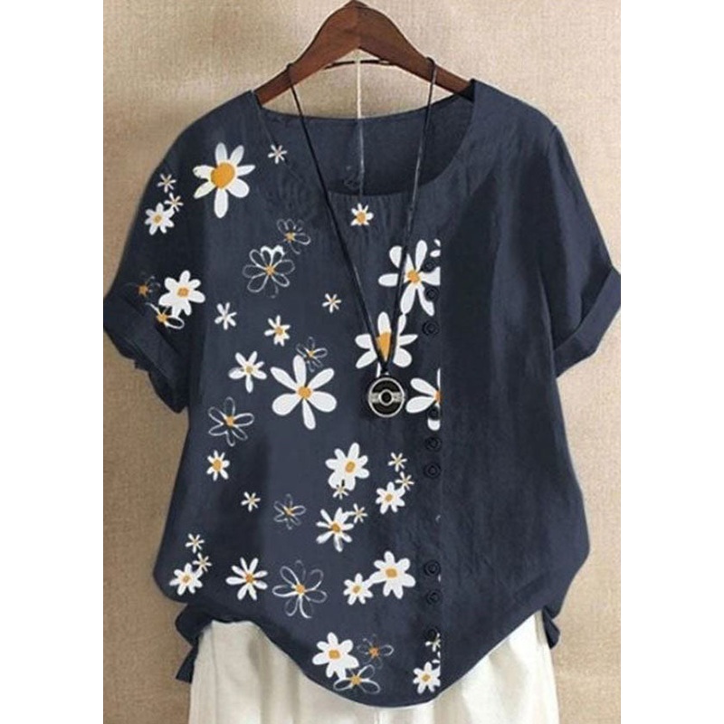 Organic Navy Dotted Daisy Print Patchwork Cotton T Shirts Tops Summer