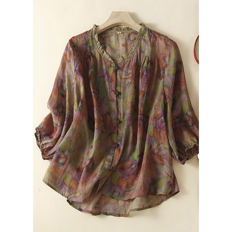 Organic Purple Print Ruffled Patchwork Linen Tops Summer