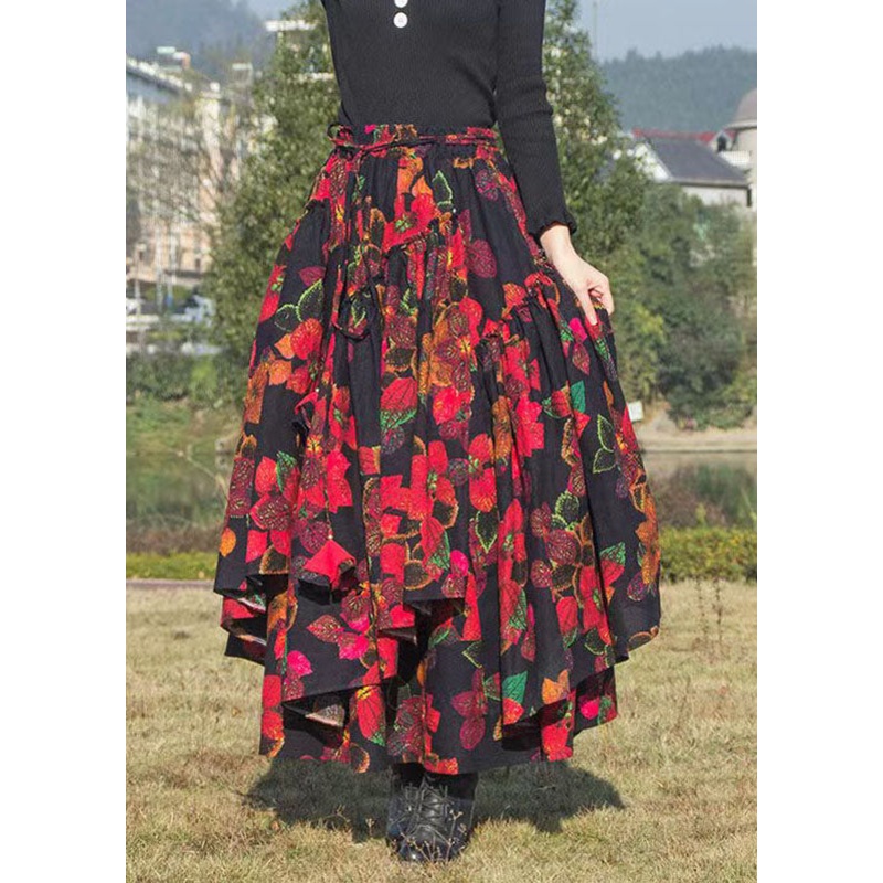Organic Red Asymmetrical Print Tie Waist A Line Skirt Fal