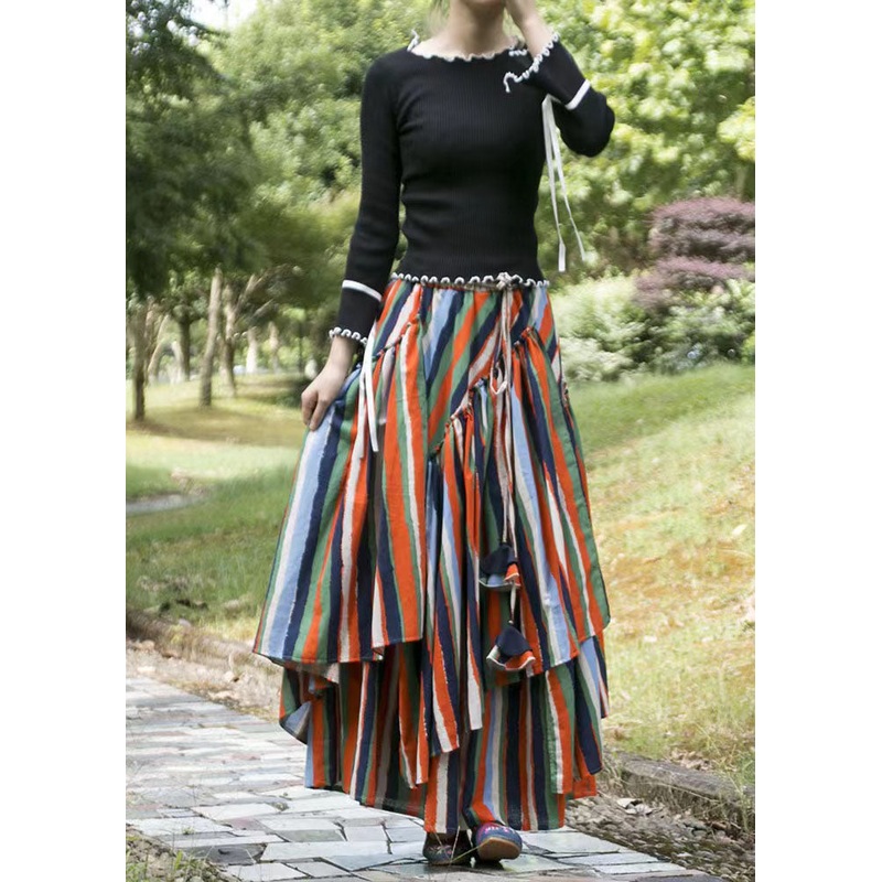 Organic Striped Wrinkled Asymmetrical Layered Patchwork Cotton Skirts Fall