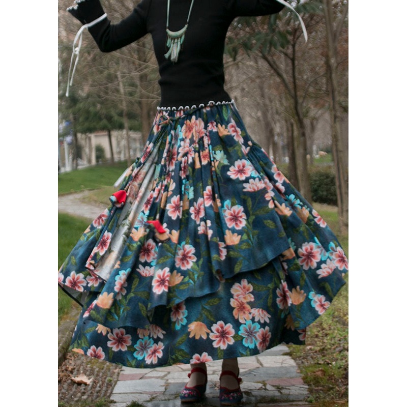 Plus Size Green Wrinkled Asymmetrical Print Patchwork Cotton Skirts Fall
