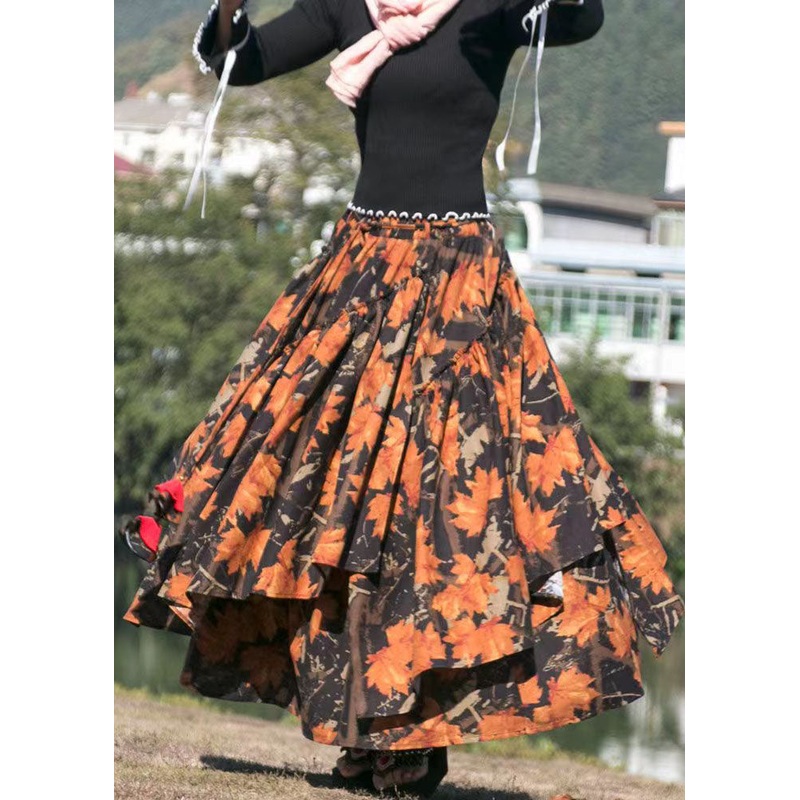 Plus Size Print Cinched Asymmetrical Patchwork Cotton Maxi Skirts Fall