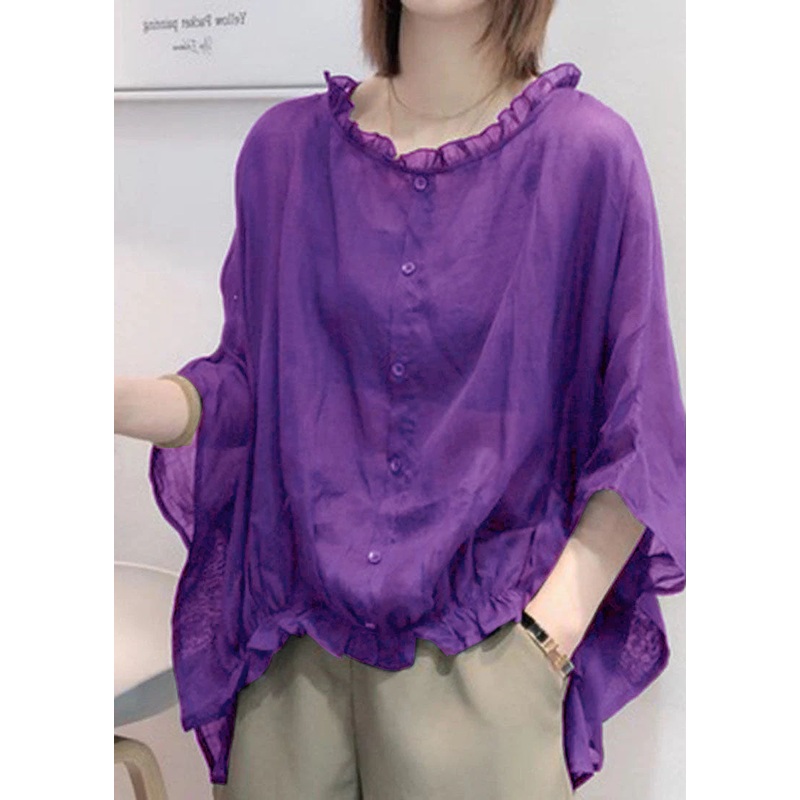 Plus Size Purple Tops Ruffles Trim Shirts Blouse Half Sleeve