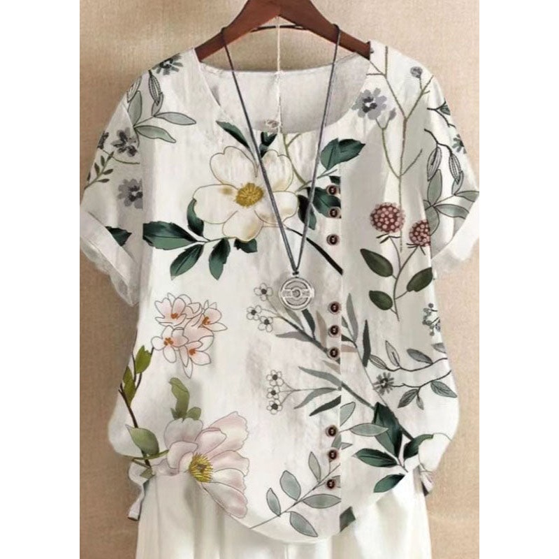 Plus Size White O Neck Print Patchwork Linen T Shirts Tops Summer