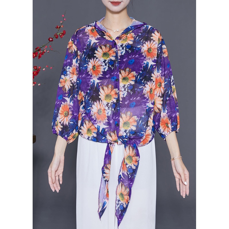 Purple Floral Chiffon UPF 50+ Shirt Top Hooded Summer