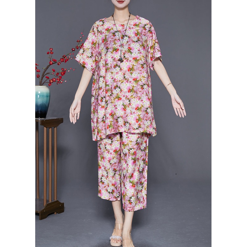 Red Floral Print Linen Two Pieces Set Oversized Summer