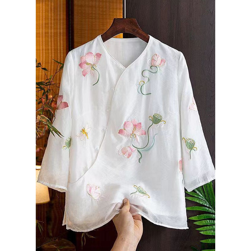 Retro White Embroidered Button Patchwork Cotton Shirts Bracelet Sleeve