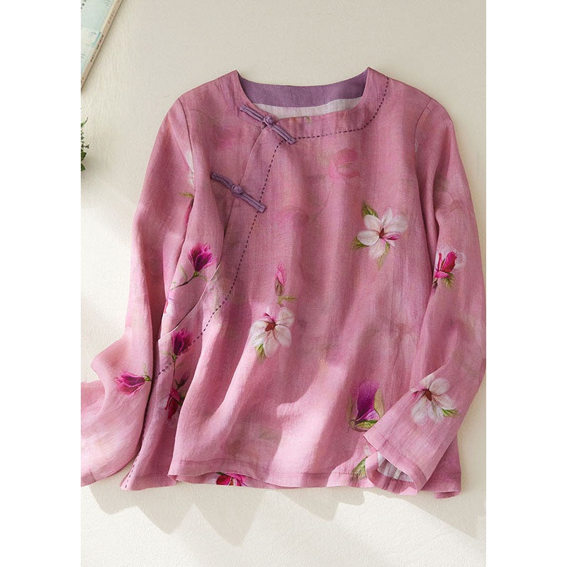 Rose Print Patchwork Cotton Top O Neck Chinese Button Long Sleeve