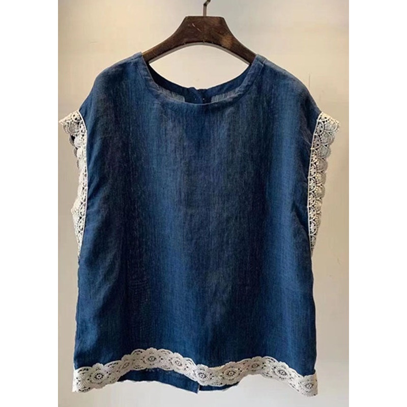 Simple Navy O Neck Lace Button Patchwork Linen Shirt Top Sleeveless