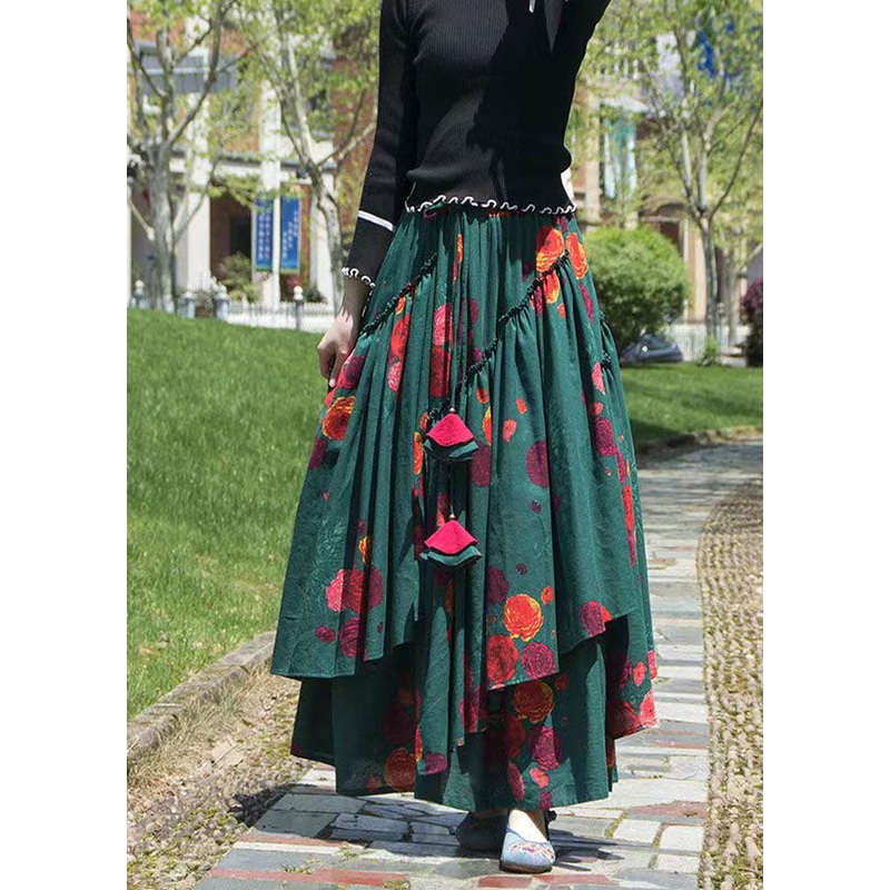 Style Green Asymmetrical Print Elastic Waist A Line Skirt Fall