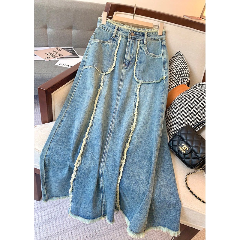 Stylish Blue Pockets High Waist Patchwork Denim Skirts Summer