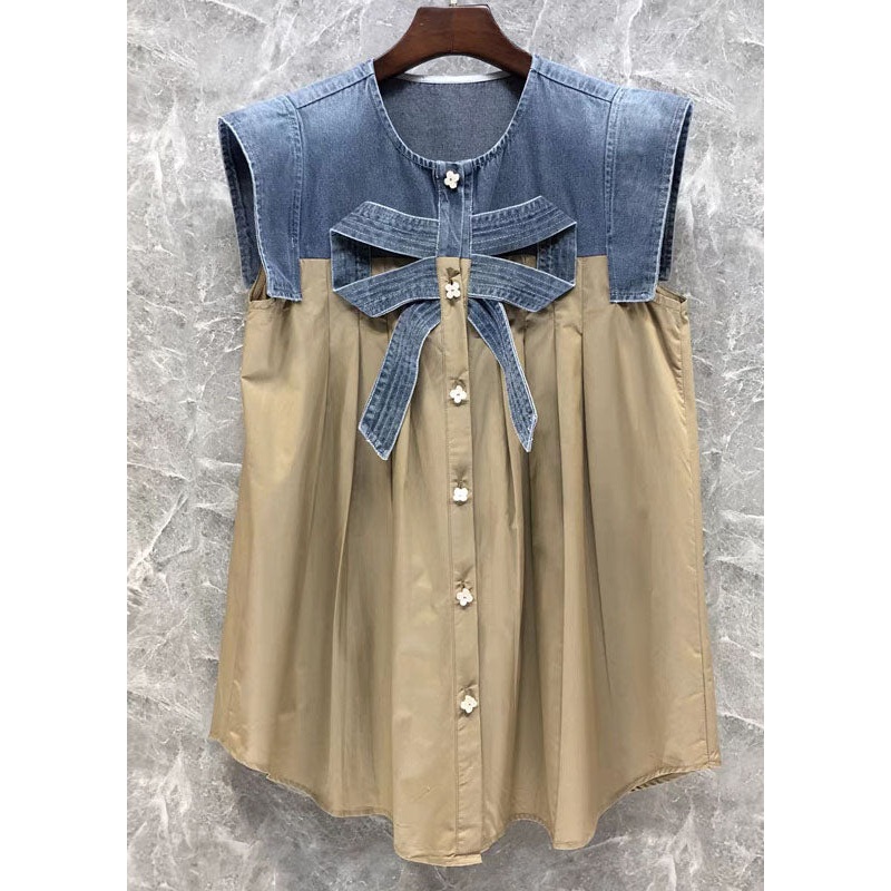 Stylish Khaki Denim Bow Patchwork Linen Cotton Shirts Top Summer