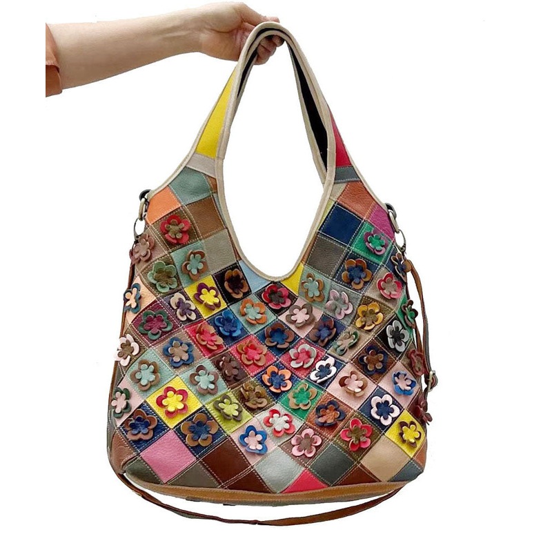 Stylish Multi Color Plaid Floral Patchwork Zippered Calf Leather Satchel Handbag