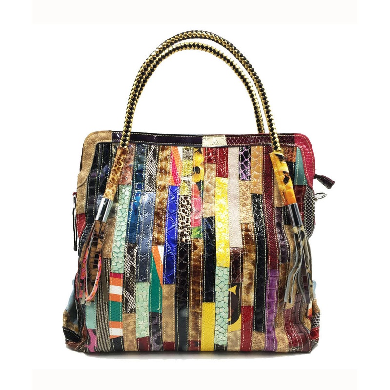 Stylish Striped Tassel Patchwork Calf Leather Satchel Handbag
