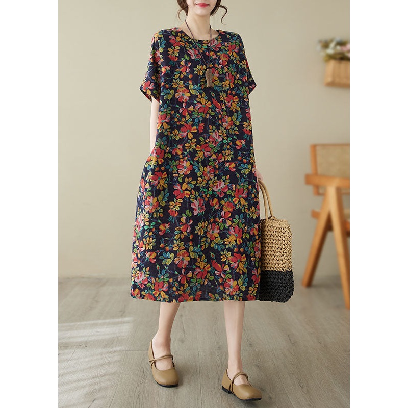 Unique Blue O-Neck Print Maxi Dresses Short Sleeve