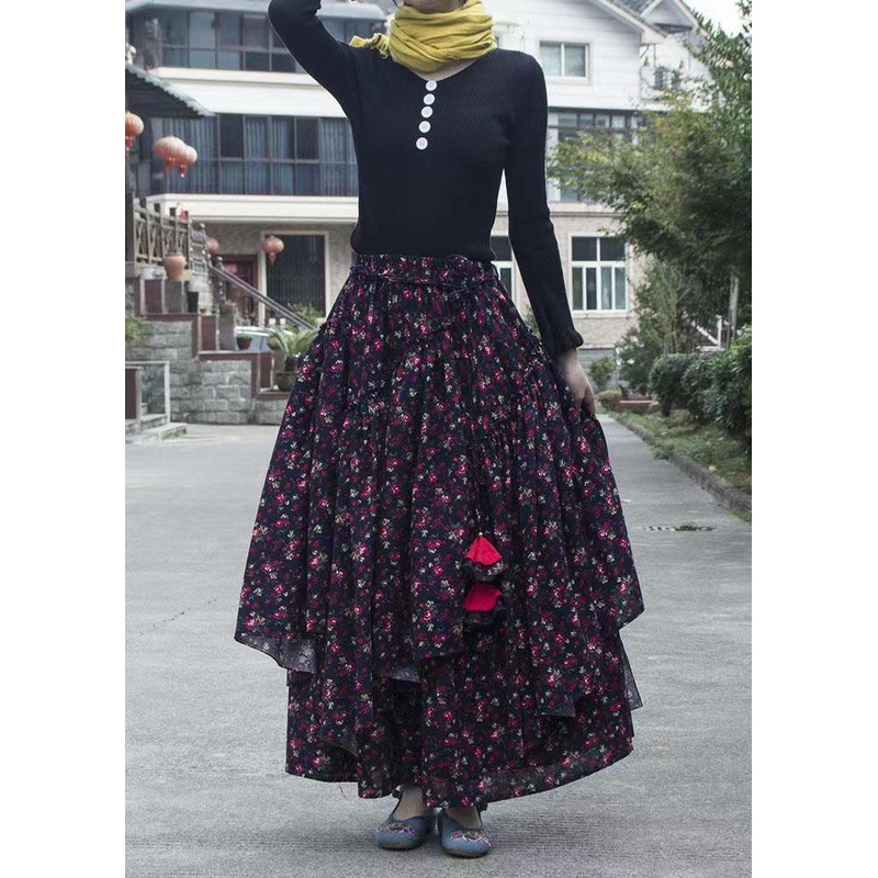 Unique Floral Cinched Asymmetrical Patchwork Cotton Skirt Fall