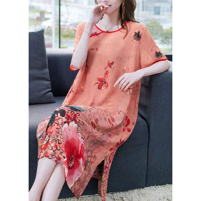 Unique Orange Floral Butterfly Print Patchwork Chiffon Dresses Summer