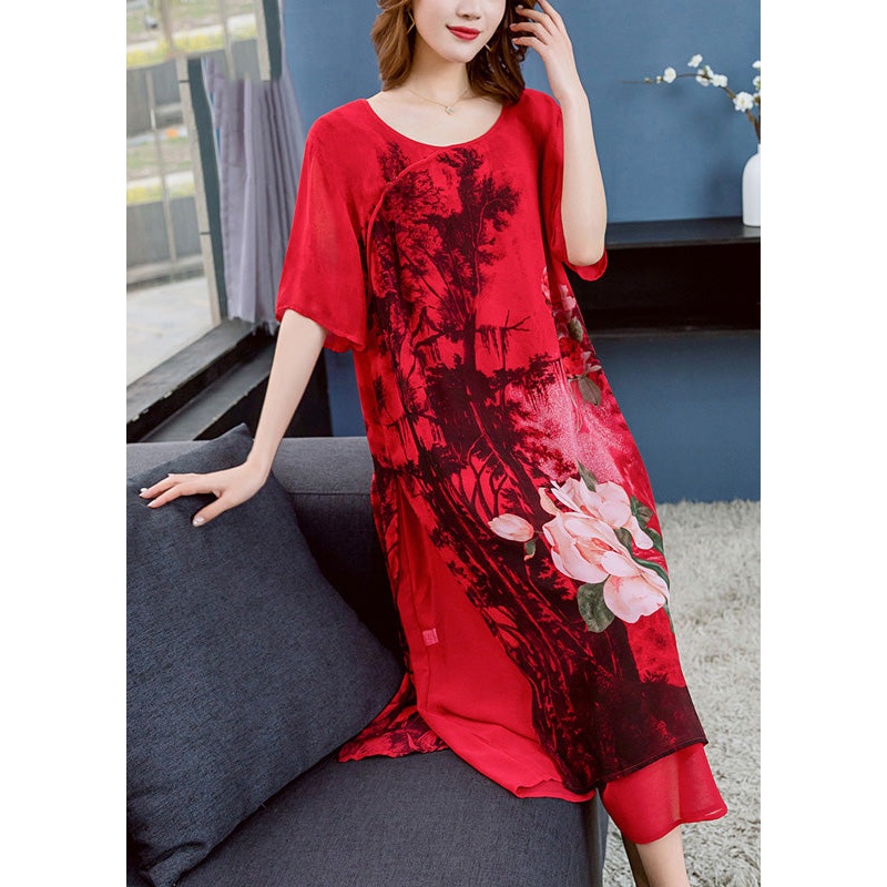 Unique Red O Neck Print Side Open Patchwork Chiffon Dress Summer