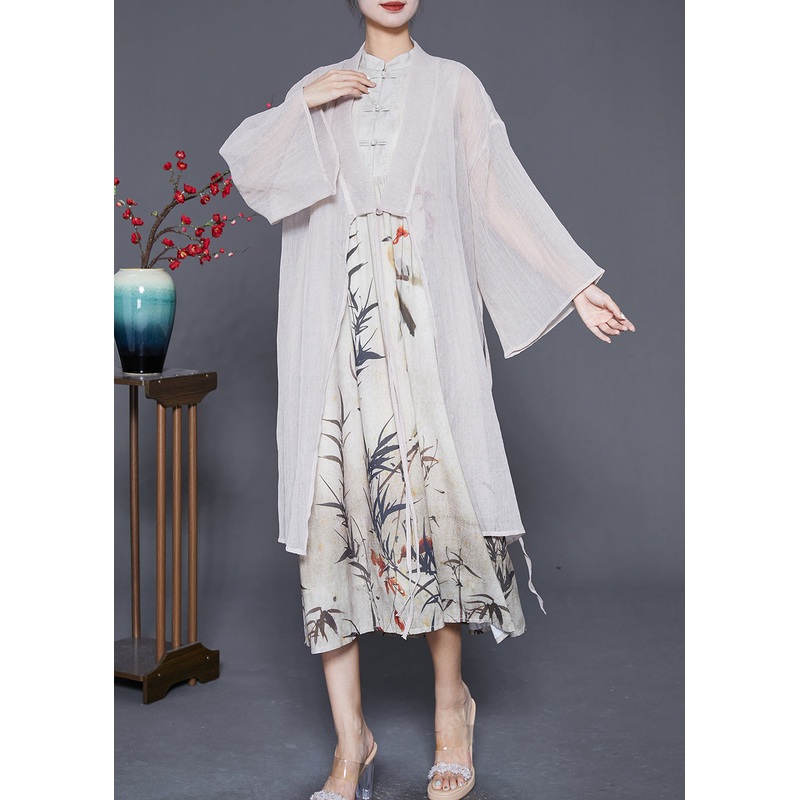 Vintage Beige Chinese Button Print Two Pieces Set Summer