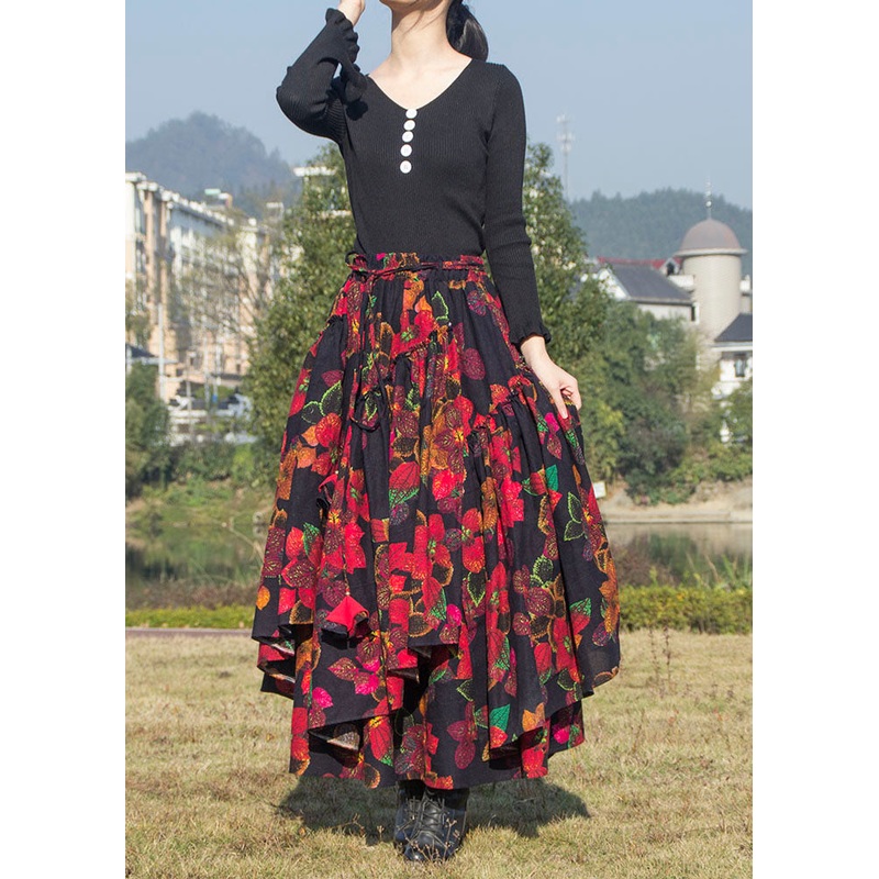 Vintage Floral Wrinkled Asymmetrical Print Patchwork Cotton Skirt Fall
