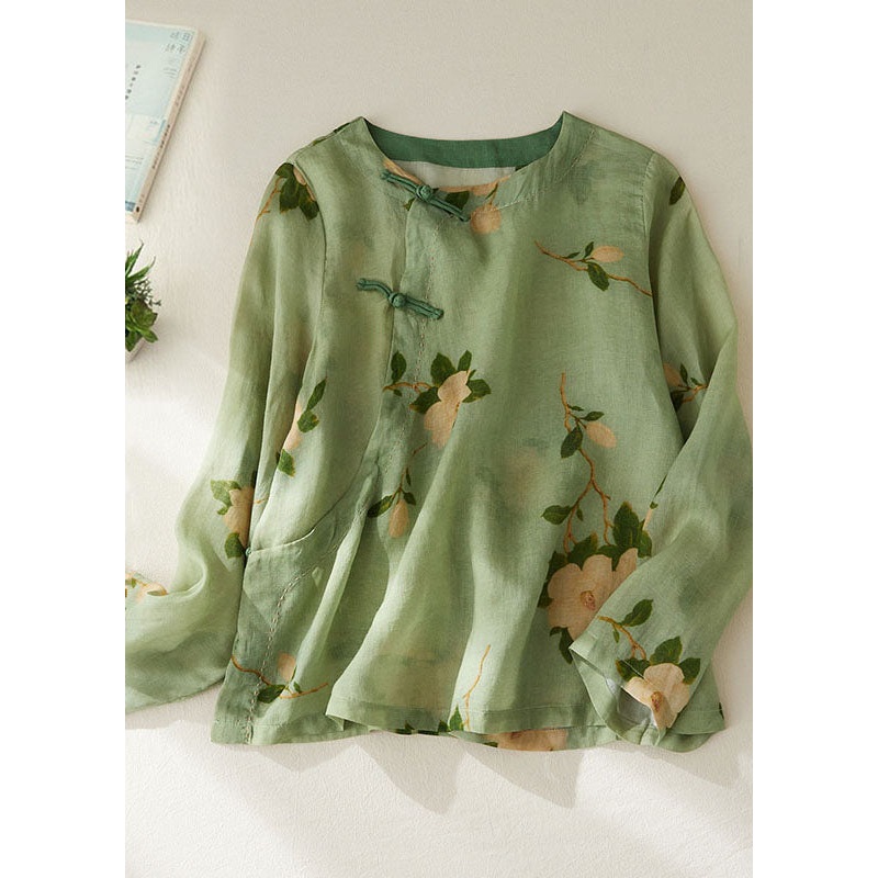 Vintage Green O Neck Print Patchwork Cotton Shirt Tops Long Sleeve