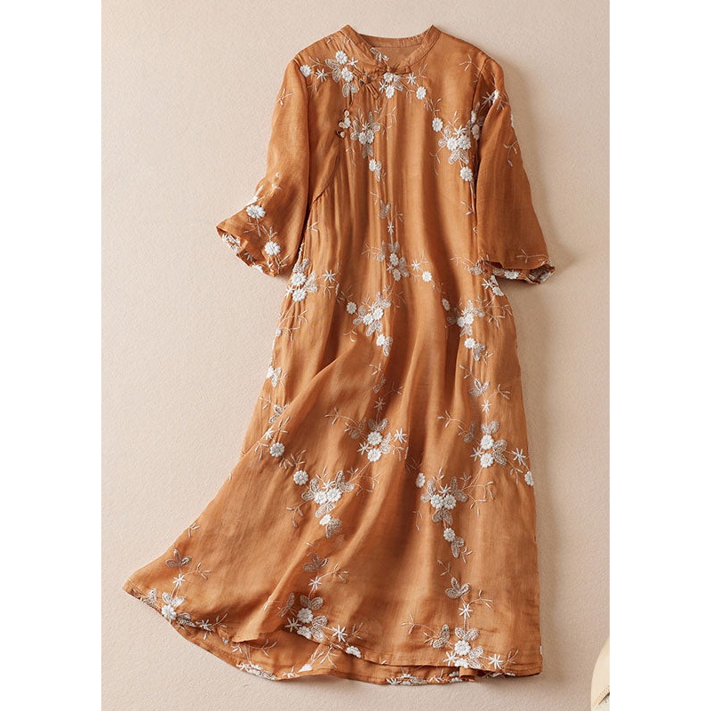 Vintage Orange Embroidered Chinese Button Patchwork Linen Dress Summer