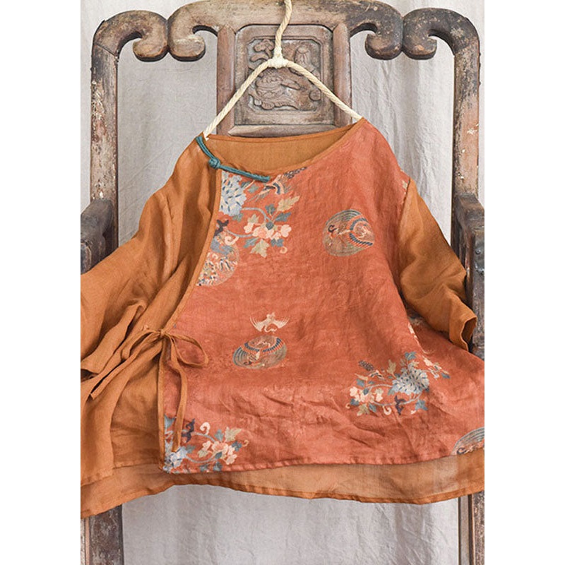 Vintage Orange Print Chinese Button Lace Up Patchwork Linen Shirt Summer