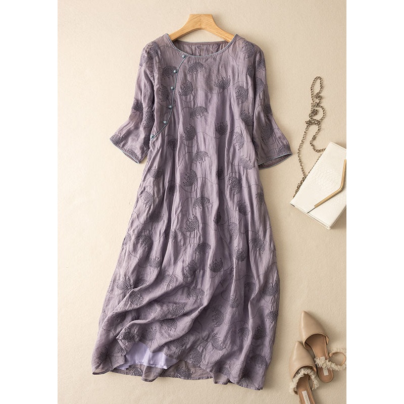 Vintage Purple O-Neck Embroideried Patchwork Linen Dress Summer