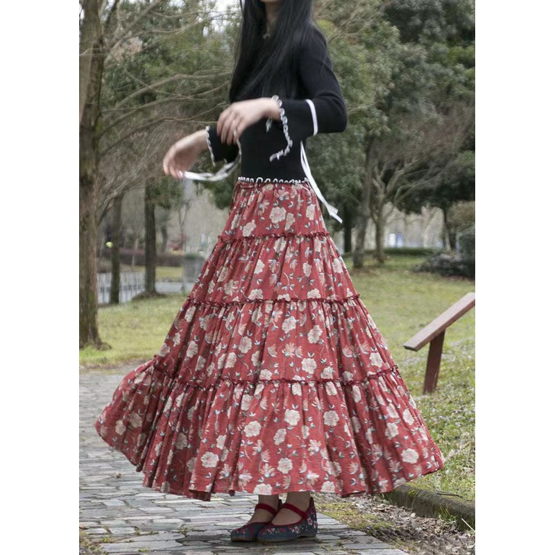 Vintage Red Print Cinched Patchwork Cotton Skirts Summer