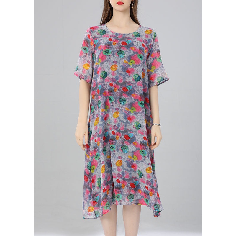 Women Floral O Neck Print Patchwork Chiffon Dress Summer