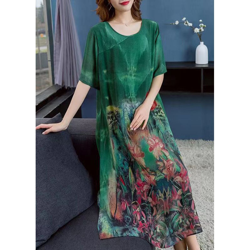 Women Green O Neck Print Patchwork Chiffon Dress Summer