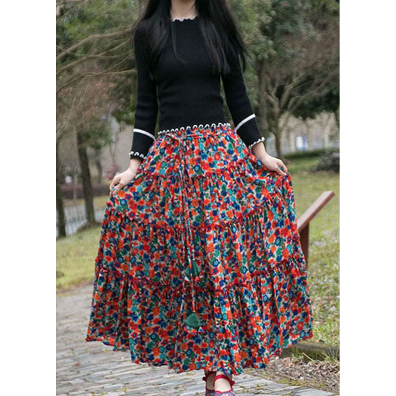 Women Orange Cinched Print Patchwork Exra Large Hem Cotton Skirts Summer