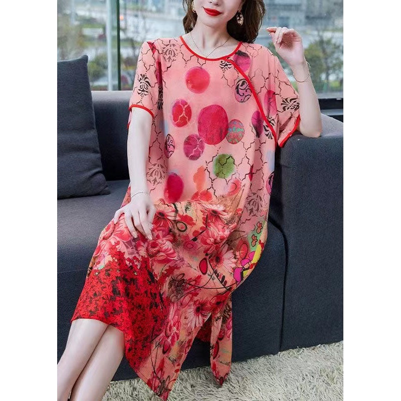 Women Orange Print Side Open Patchwork Chiffon Dresses Summer