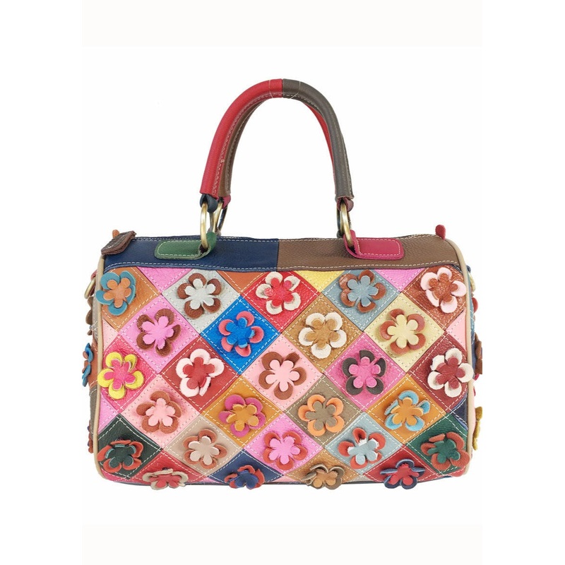Women Plaid Floral Patchwork Calf Leather Tote Handbag