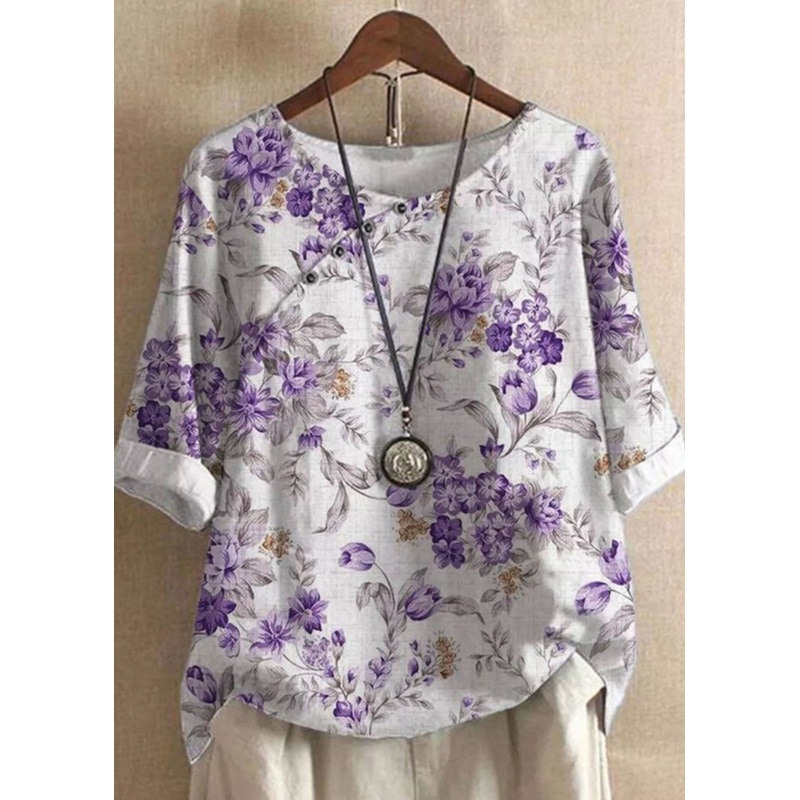 Women Purple O Neck Print Patchwork Linen T Shirts Tops Summer