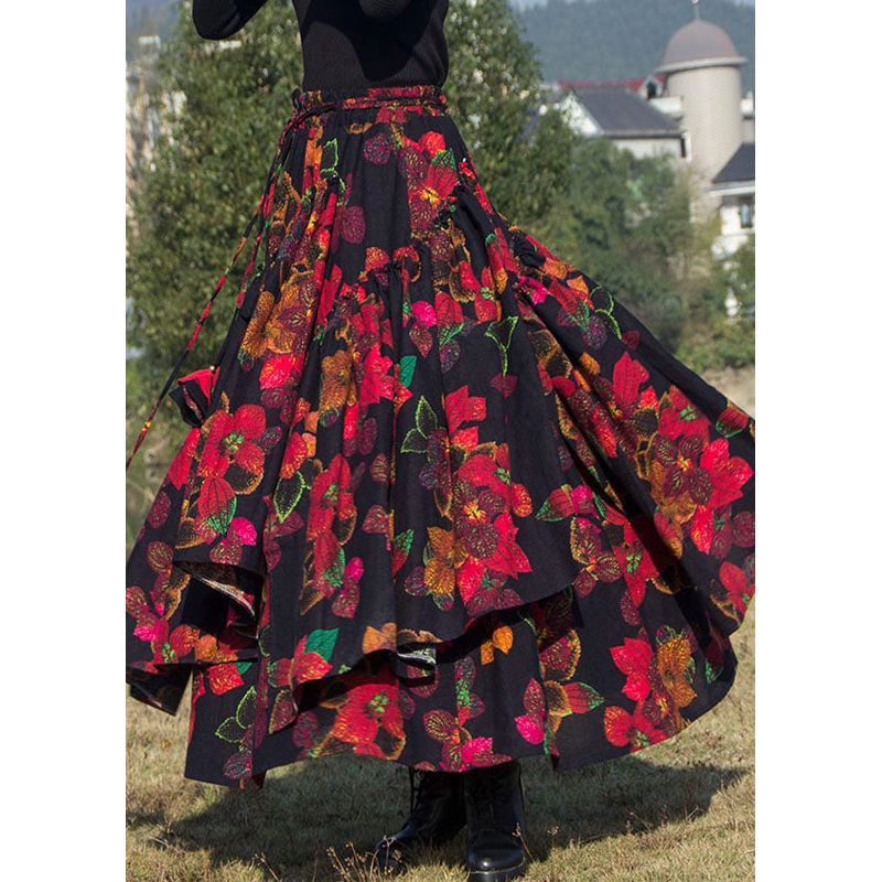 Women Red Asymmetrical Print Tie Waist Pleated Skirts