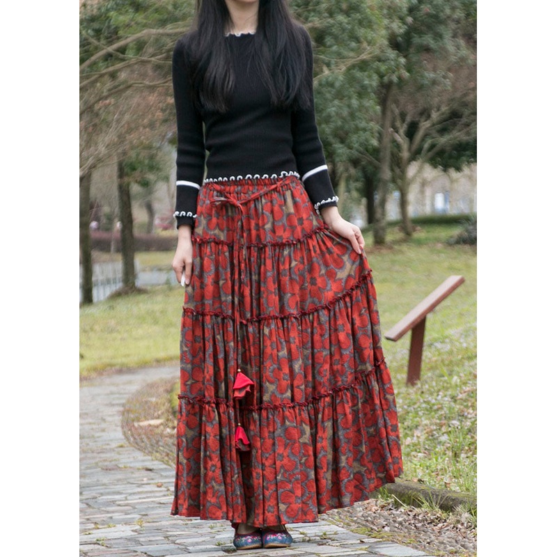 Women Red Cinched Print Patchwork Cotton Maxi Skirts Summer