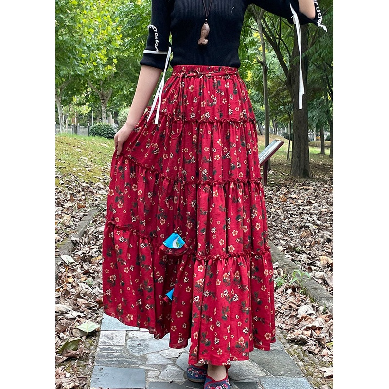Women Red Cinched Print Patchwork Exra Large Hem Cotton Skirts Fall