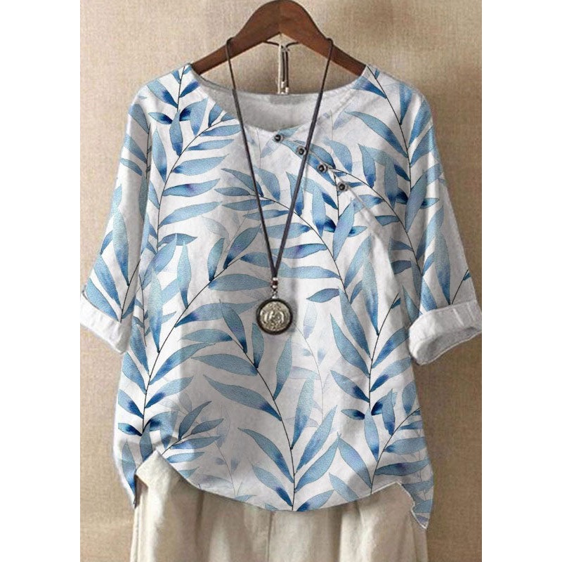 Women White O Neck Print Patchwork Linen T Shirts Summer
