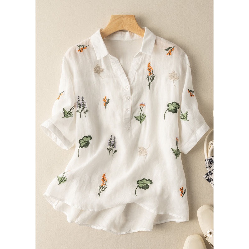 Women White Peter Pan Collar Print Patchwork Linen Shirt Top Summer