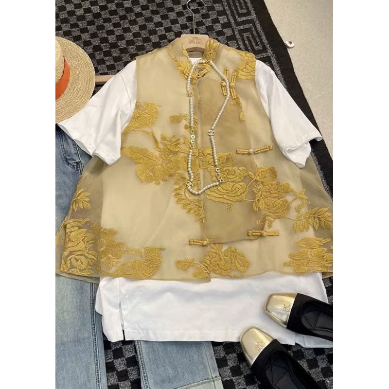 Women Yellow Embroideried Button Patchwork Tulle Two Piece Suit Summer