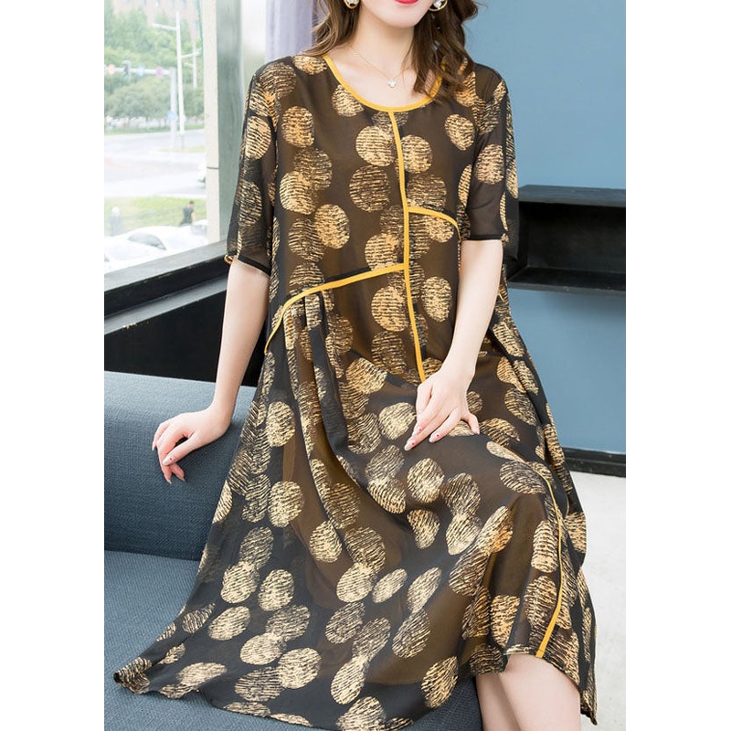 Women Yellow O Neck Print Wrinkled Patchwork Chiffon Dresses Summer