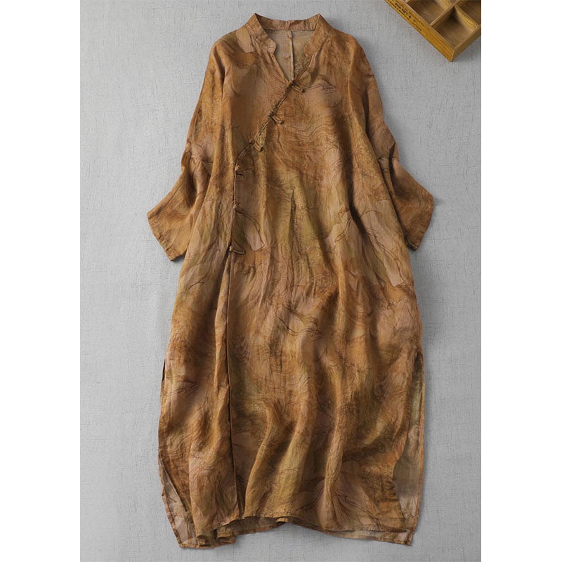 Women Yellow V Neck Chinese Button Patchwork Linen Dress Summer