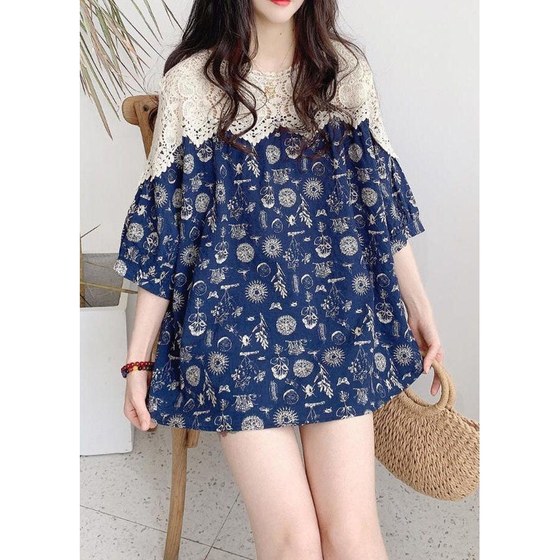 Art Blue Print Hollow Out Lace Patchwork Cotton Blouse Tops Summer