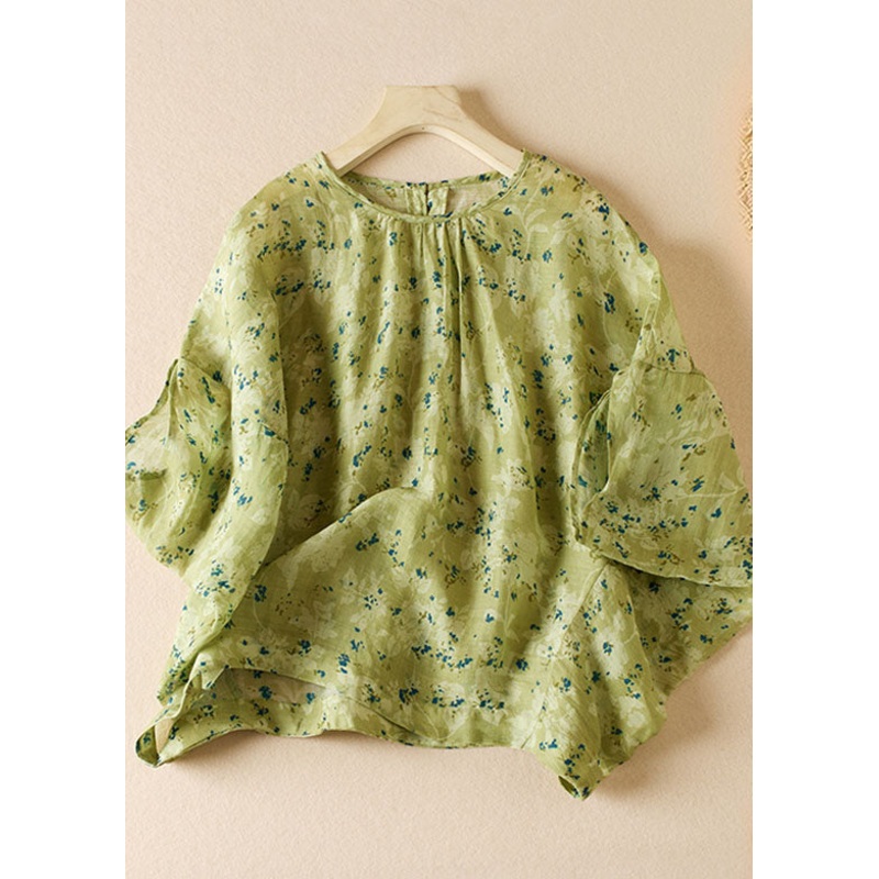 Art Green O Neck Print Patchwork Cotton Blouse Top Half Sleeve